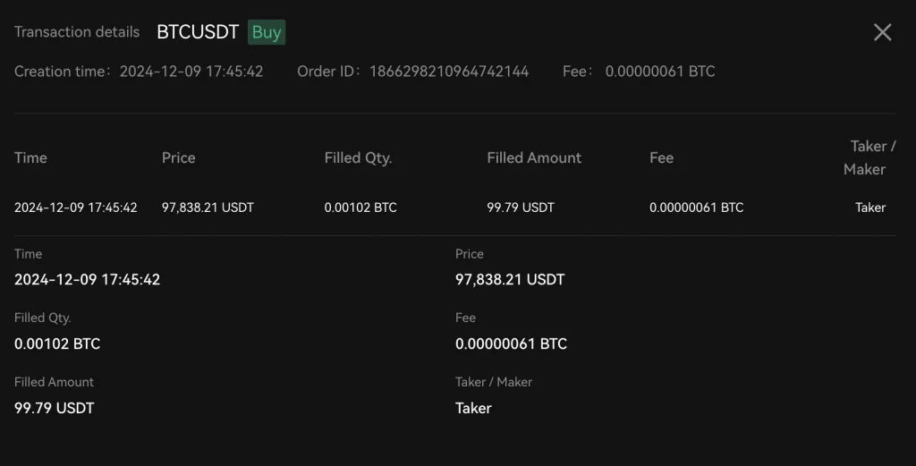 Order filled with BTC purchase on Bitunix